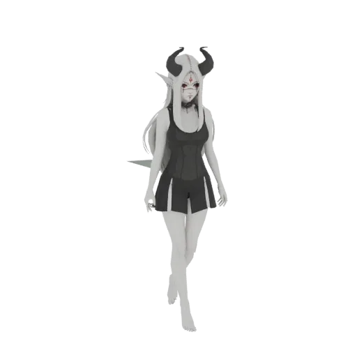 Render de modelo 3D de elfo demoníaco con cabello blanco, cuernos oscuros, ojos rojos y atuendo negro, de pie contra un fondo