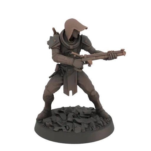 Rogue Assassin presupported tabletop miniature, studio close-up view, resin support raft visible, 28mm scale