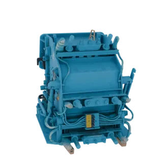 3D model of a detailed industrial hydraulic press in a bright blue finish, showing hydraulic lines and a control panel.
