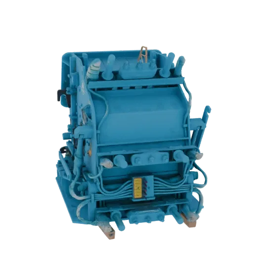 3D model of a detailed industrial hydraulic press in a bright blue finish, showing hydraulic lines and a control panel.
