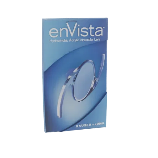 3D model of the enVista Hydrophobic Acrylic Intraocular Lens by Bausch + Lomb, showcasing its clear acrylic material and intr