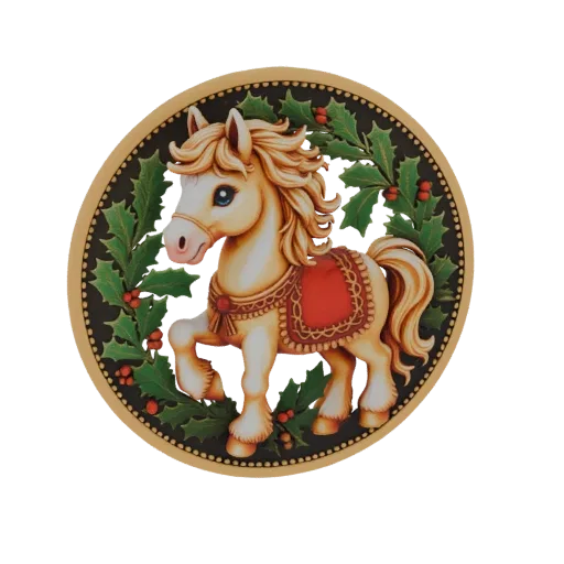 3D model of a cream-colored carousel horse with a golden mane, wearing a red and gold saddle, surrounded by a green holly gar