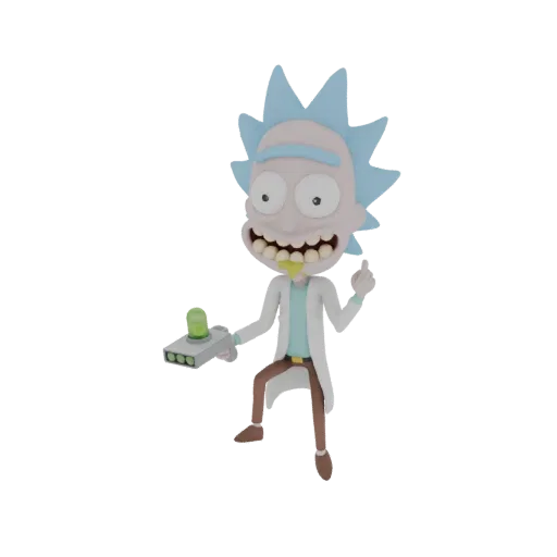 3D model of Rick Sanchez from Rick and Morty, wearing a lab coat and holding a portal gun.