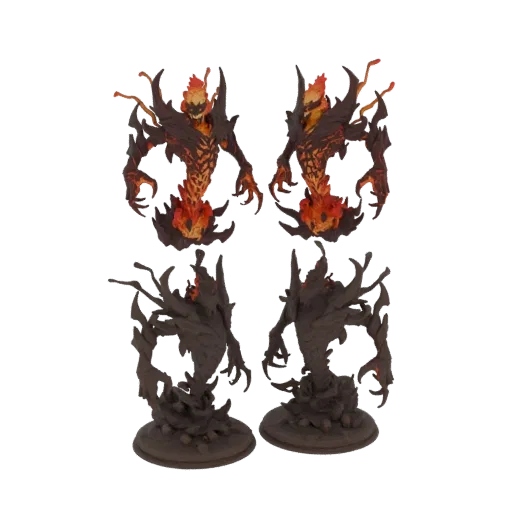 3D model of a fiery demon lord, the Infernal Fiend, with a skeletal body wreathed in flames and sharp claws.