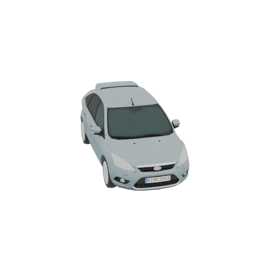 A 3D model of a light blue hatchback car, viewed from a slightly elevated front-right angle, against a white background.
