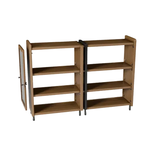 Industrial Bookshelf Product Viz 3D model, dining room, three-quarter studio product render, painted wood detail.