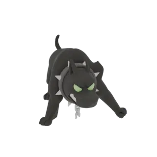 3D-Modell eines schwarzen Hundes mit leuchtend grünen Augen und Stachelhalsband in aggressiver, geduckter Pose.