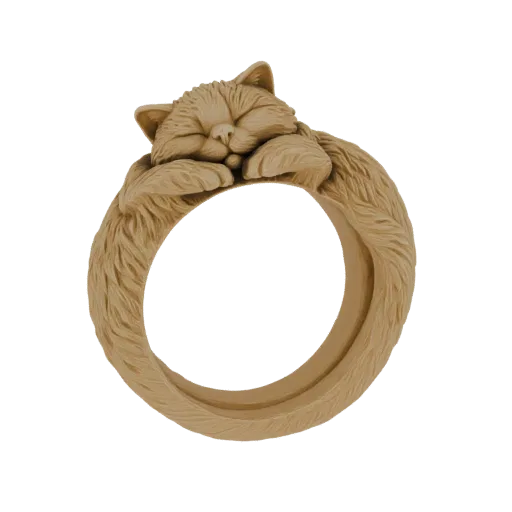 3D model of a sleeping cat curled around a ring, showcasing detailed fur and a peaceful expression.