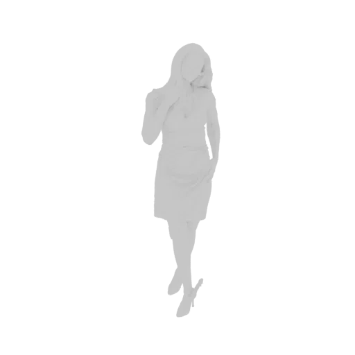 Modèle 3D d'une femme élégante en robe blanche, debout, une main près de son visage, sur fond noir.