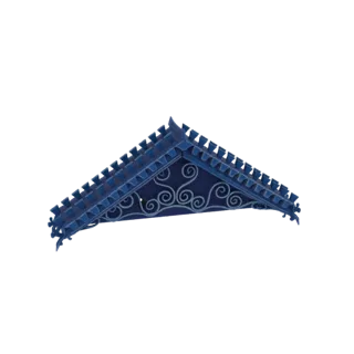 3D model of a blue metal gable roof with decorative triangular edging and ornate scrollwork brackets, set against a white bac
