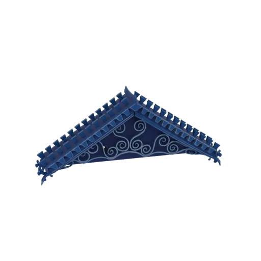 3D model of a blue metal gable roof with decorative triangular edging and ornate scrollwork brackets, set against a white bac