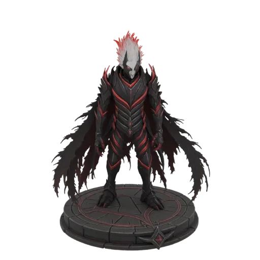 3D model of a dark knight with black and red armor, white and red fiery hair, and a tattered black cape, standing on a circul