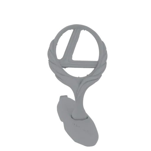 3D model of a stylized pendant shaped like the letter 'L', with a twisted rope design and an organic base.
