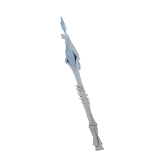 3D model of an ornate scepter with icy, crystalline elements and a feather-like finial, rendered in shades of blue and white.