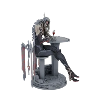 Renderização 3D monocromática de uma figura gótica com cabelos longos, vestindo armadura escura, sentada à mesa com uma taça