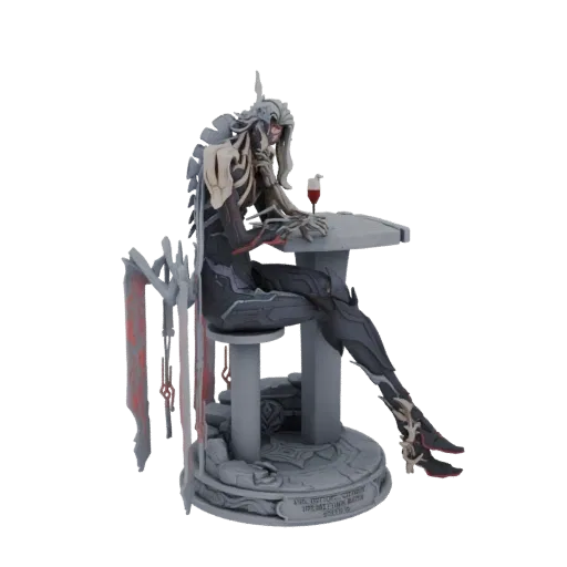 Monochromatic 3D render of a gothic figure with long hair, wearing dark armor, seated at a table with a glass of wine.