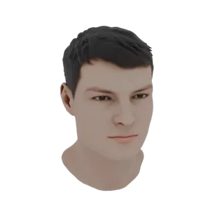 3D model render of a realistic male head with short dark hair and neutral expression, set against a white background.