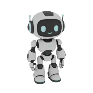 A cute, stylized white robot with blue accents on its antennae, eyes, and feet, standing on a white background.