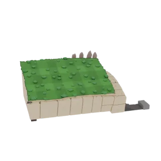 3D model of a stylized grassland terrain with a checkered green grass surface, scattered vegetation, and a textured stone bor