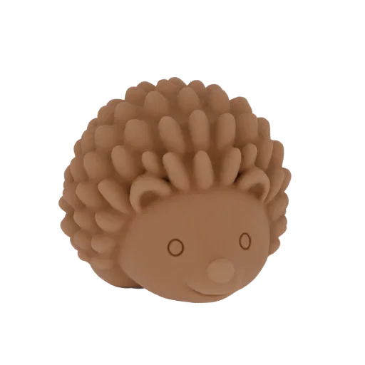 3D model render of a cute, brown, stylized hedgehog teether with rounded quills and a friendly face.