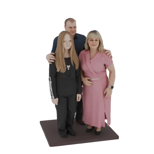 3D model of a family of three: father, mother, and daughter, standing together on a display base.