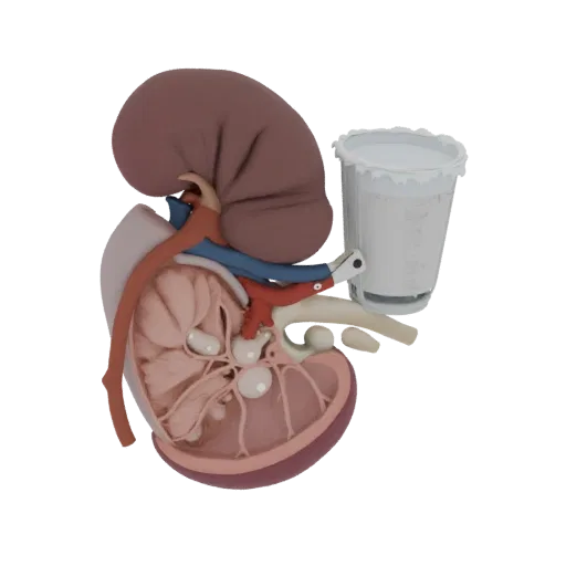 Teaching Kidney 3D model, side profile view, technical viewport render, showing soft tissue colors, organ silhouette.