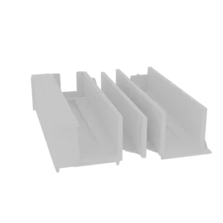 A 3D model of a modern white modular shelf divider with three vertical panels, designed for organization.