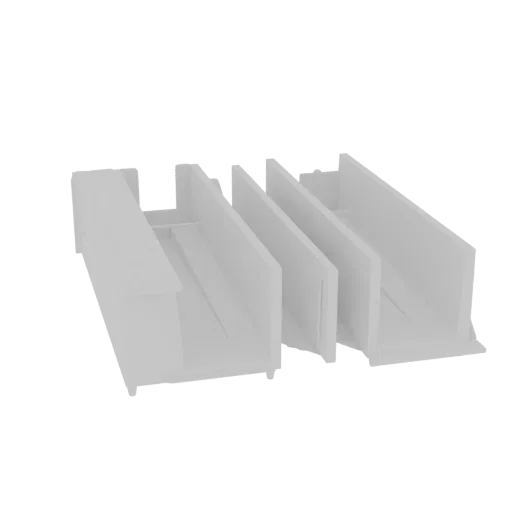 A 3D model of a modern white modular shelf divider with three vertical panels, designed for organization.