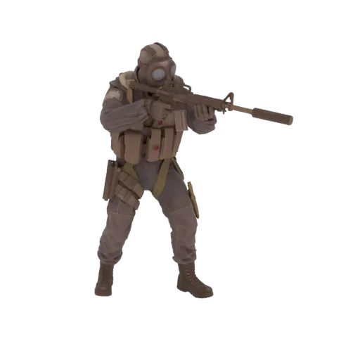 3D model of a tactical soldier wearing a gas mask and holding a silenced rifle, in a combat stance.