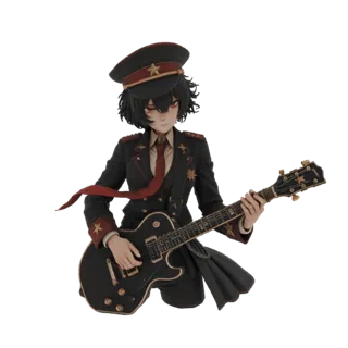 3D model of an anime girl in a military-style uniform playing a black electric guitar, with dark hair and red eyes.