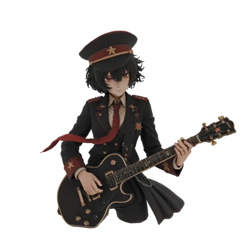 3D-Modell eines Anime-Mädchens in Uniform im Militärstil, das eine schwarze E-Gitarre spielt, mit dunklem Haar und roten Auge