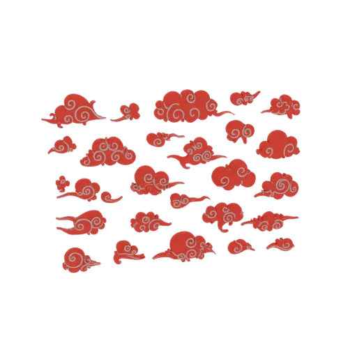 A collection of red Asian-style clouds with swirling grey patterns, presented as a 3D model.