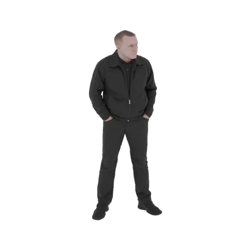3D-Modell eines Mannes in schwarzem Trainingsanzug, stehend mit Händen in den Taschen und Blick zur Seite.