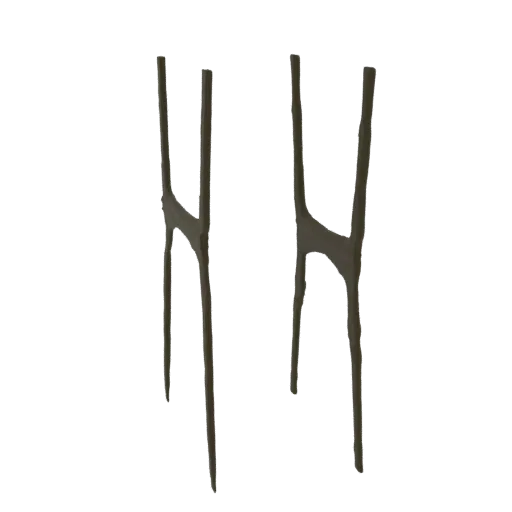 A 3D render of two identical abstract sculptures, each shaped like the letter 'H' with a textured, organic surface, placed si