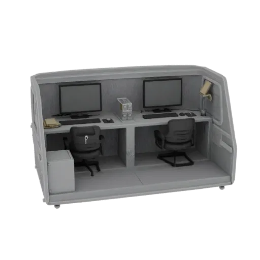 3D model of Gazelle car cabin interior with two workstations, computers, furniture, and safes