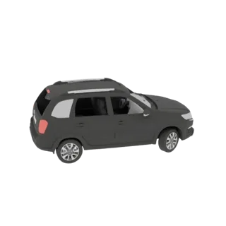 A 3D render of a dark gray SUV with silver roof rails, viewed from a three-quarter front angle.