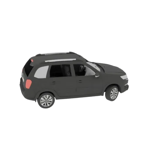 Uma renderização 3D de um SUV cinza escuro com barras de teto prateadas, vista de um ângulo frontal três-quartos.