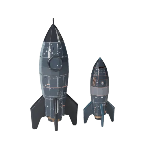 Rocket Low Poly 3D model, game viewport three-quarter view, showing emissive strips, strong prop silhouette.