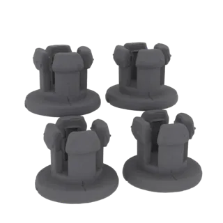 A set of four grey 3D rendered castle tower miniatures with crenellated tops and circular bases, presented on a white backgro