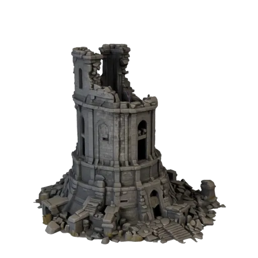 Ruined Tower Base Unity 3D model, isometric viewport view, showing aged stone, built remnants.