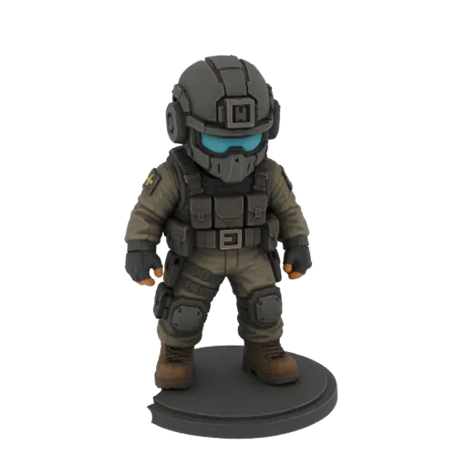 3D-Modell eines Chibi-Soldaten mit grauem taktischem Helm und blauem Visier, brauner Uniform und taktischer Weste, stehend au