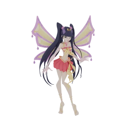 3D model of a mystical fairy with long dark hair, golden tiara, iridescent wings with purple embellishments, and a flowing tw