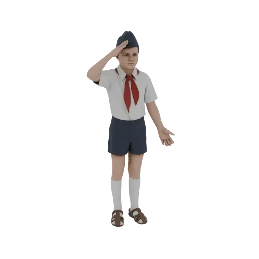 3D model of a young boy in a white shirt, blue shorts, and a blue cap, performing a salute with his right hand.