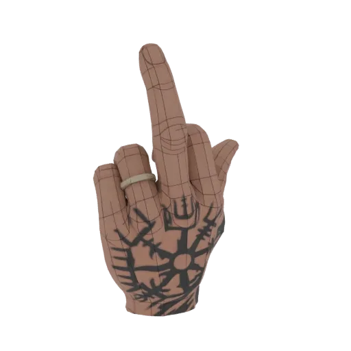 Modelo 3D de mano humana con tatuajes intrincados y anillo, vista frontal.