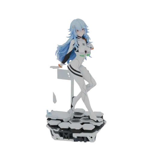 3D model of Rei Ayanami from Neon Genesis Evangelion in a white plugsuit, with blue hair and a dynamic pose on a futuristic b