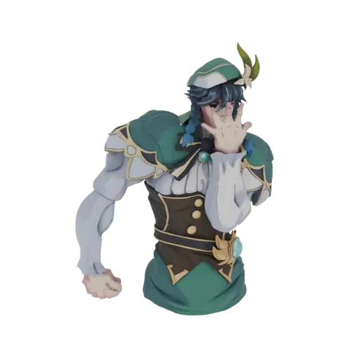 3D model bust of Venti from Genshin Impact, wearing his green outfit and holding up a hand.
