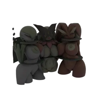 Ein 3D-Render von drei anime-inspirierten weiblichen Charakteren, die zusammen stehen und ihre stilisierten Designs und Posen