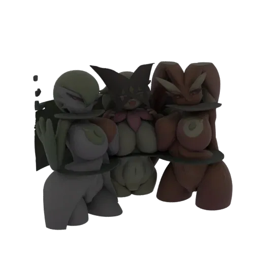A 3D render of three anime-inspired female characters standing together, showcasing their stylized designs and poses.
