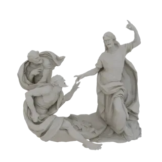Modelo 3D de Jesus estendendo a mão para chamar Pedro e André, que o olham com devoção.