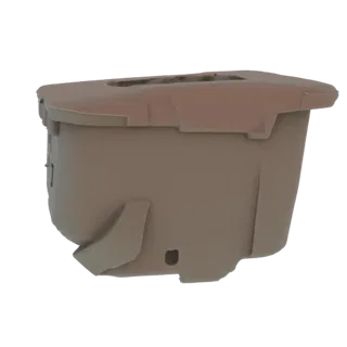 3D model render of a tan plastic storage container with a lid, shown from a side angle against a white background.